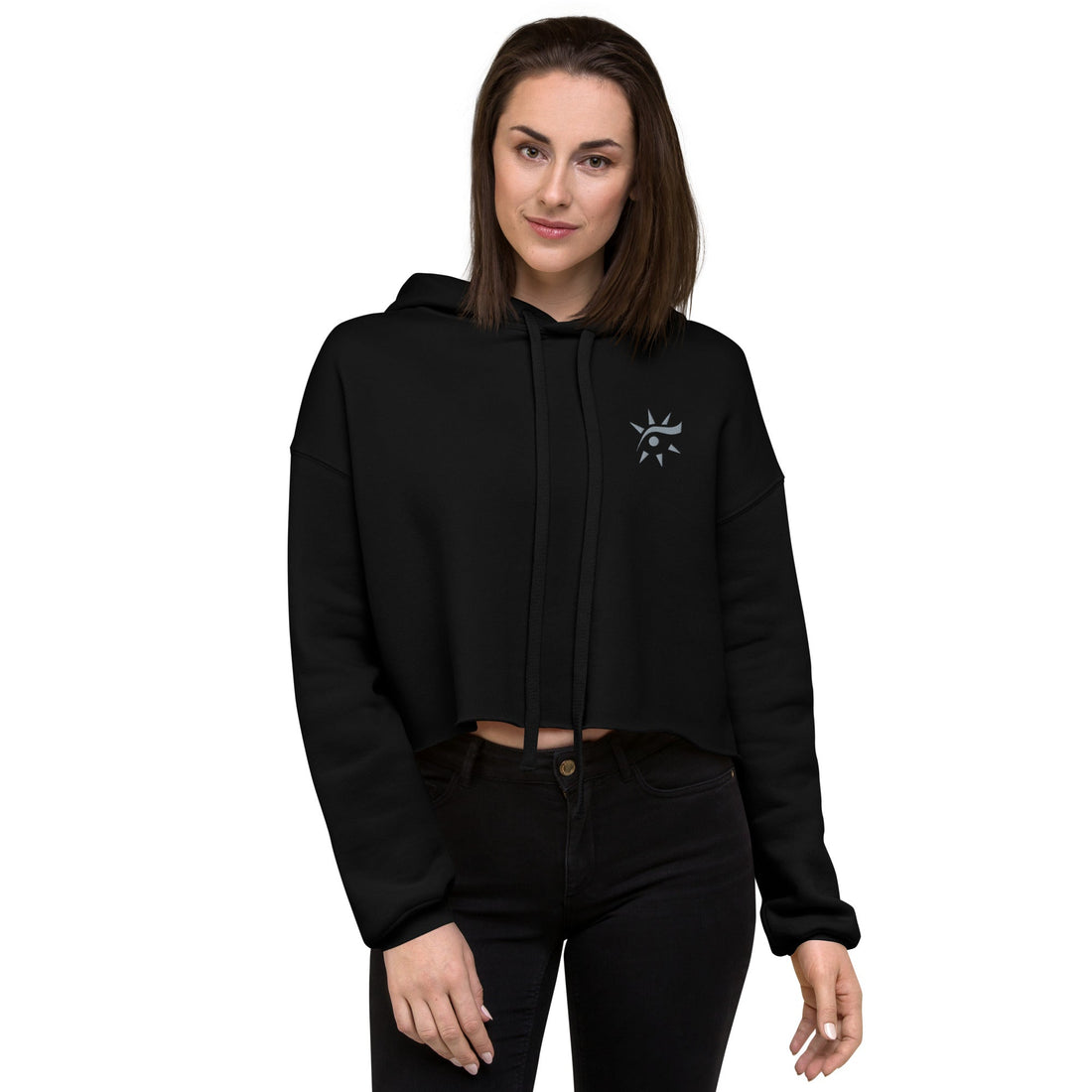 Black cropped hoodie, front view — an example of an oversized fit