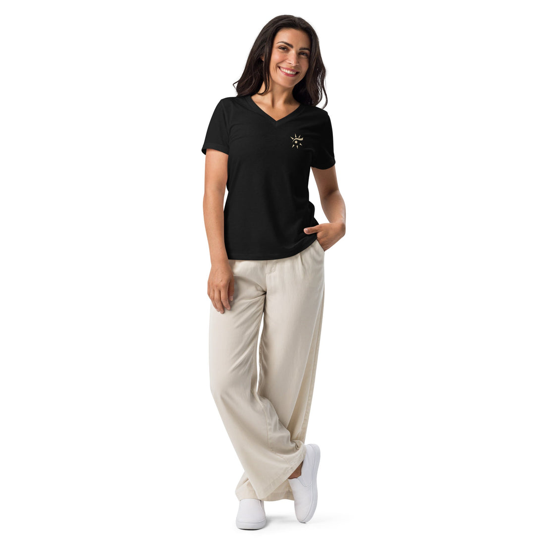 Black women's relaxed v-neck t-shirt, front view