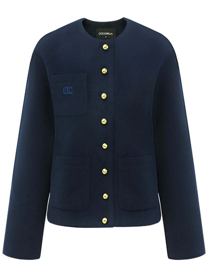 Classic Collarless Navy Woolen Jacket
