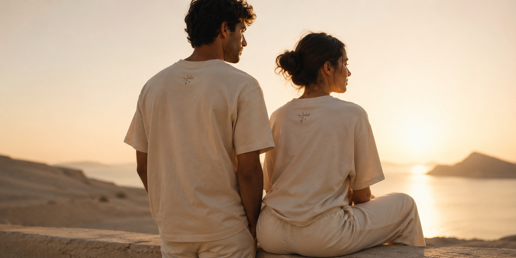 Man and woman wearing premium minimalist clothing by Raazmor during sunset